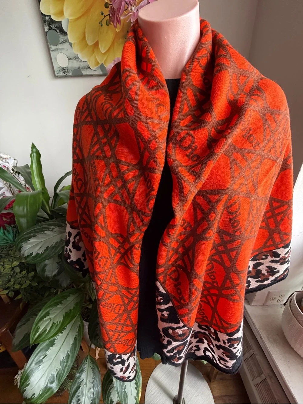 Dior Orange and Brown Logo Pattern Wool/Silk/Cashmere blend Scarf.
